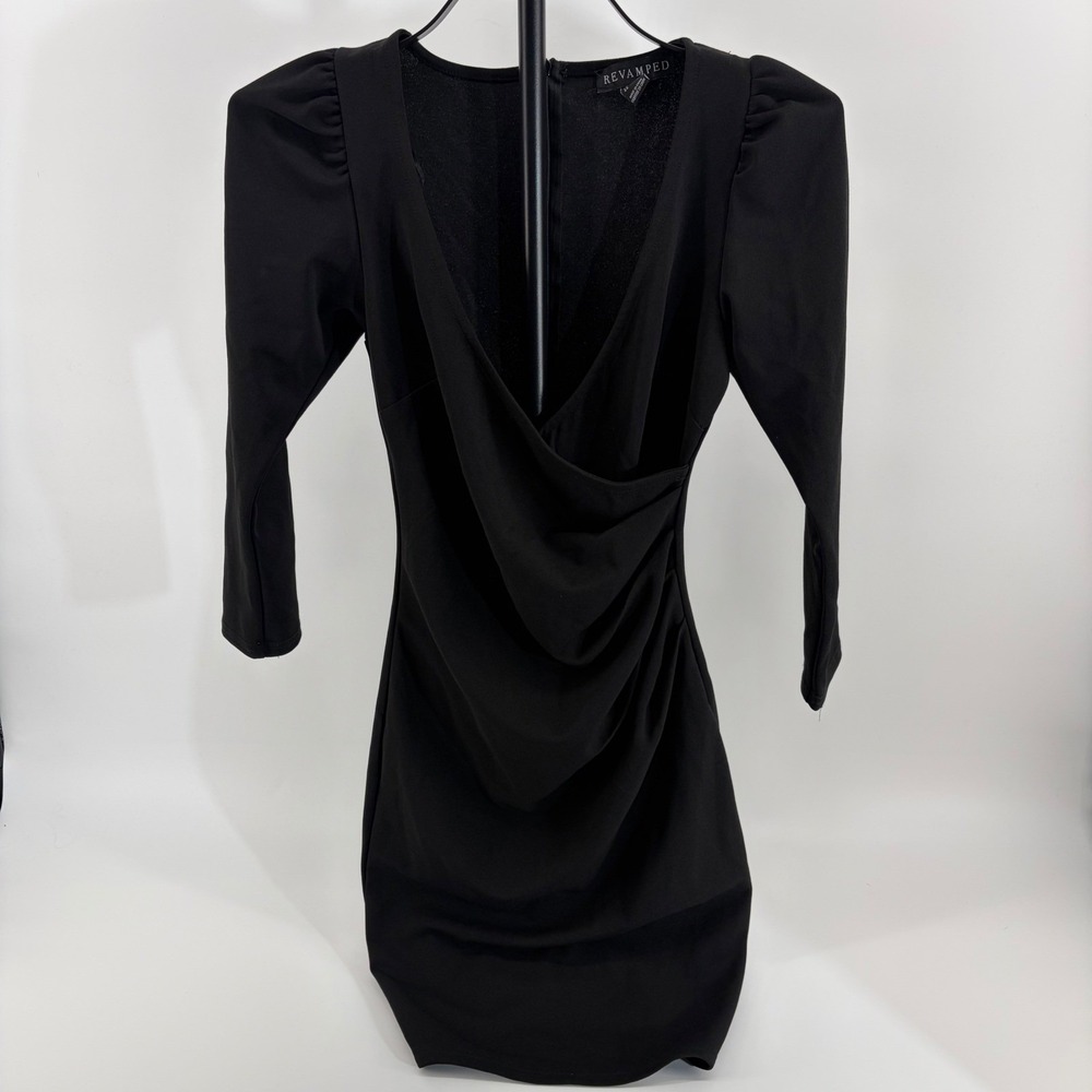 Revamped Womens Black Ruched Surplice V-Neck Puff‎ Sleeve Mini Dress XS